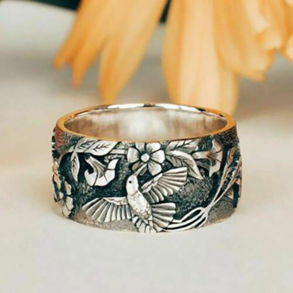 Vintage Hummingbird Flower Ring