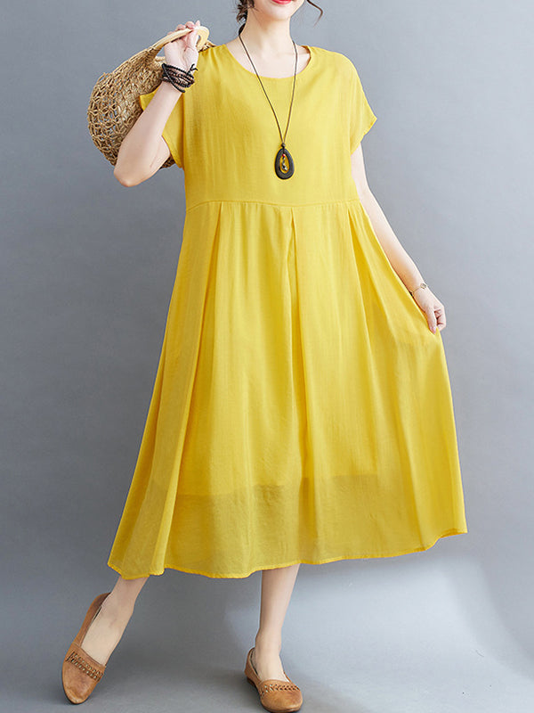 Loose Short Sleeves Color Split-joint Round-neck Midi Dresses