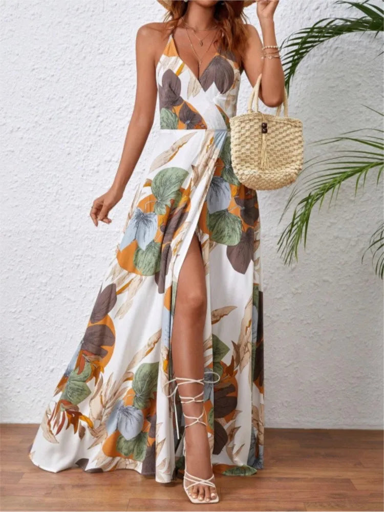 Flower Print Spaghetti Strap Dresses V-neck Backless Slit Long Dress Style Vacation Beach Vestidos