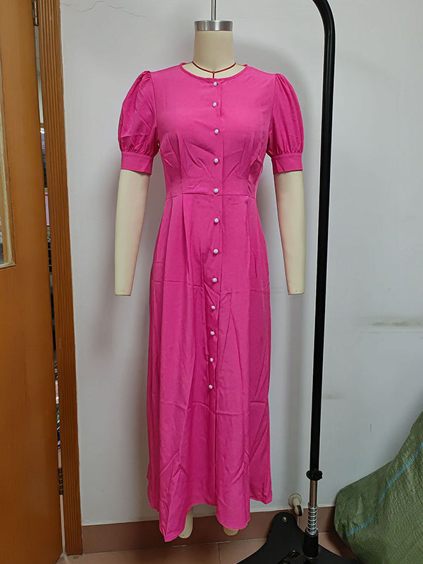 Puff Sleeves Short Sleeves Buttoned Color Round-neck Midi Dresses Shirt Dress