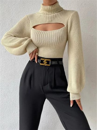 Hollow Out Knit Sweater Pullover for Turtleneck Ribbed High Street Long Sleeve Knitwear Loose Sweater Female