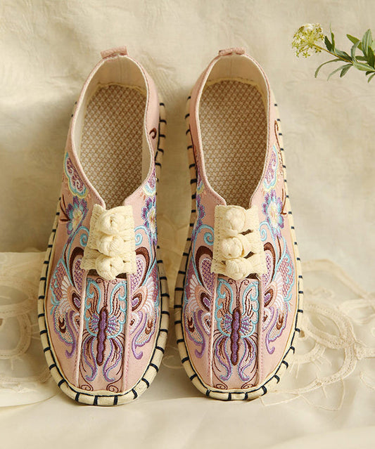 Comfy Flats Embroideried Buckle Strap Pink Linen Fabric Flat Shoes for