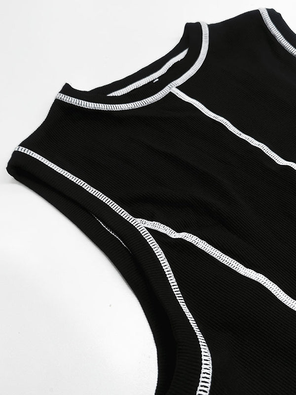 A-line Sleeveless Split-joint Striped Round-neck Maxi Dresses