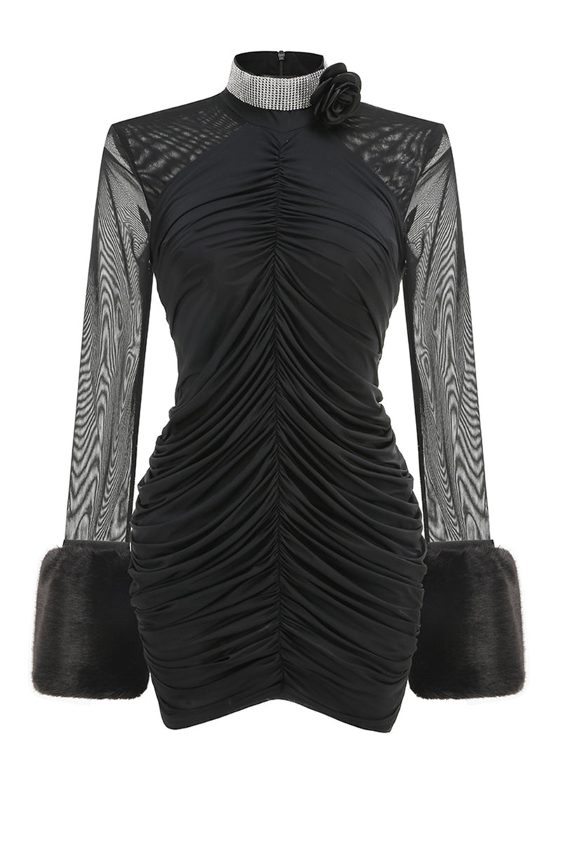 Audrey Ruched Faux Fur Detail Mini Dress