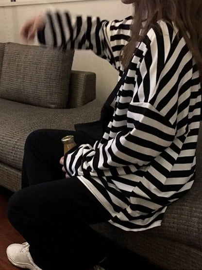 Spring Autumn Harajuku Striped Tshirt Long Sleeve O-neck T-shirts Ulzzang Korean T Shirt Femme Black Tops