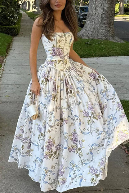 Spaghetti Strap Print Bustier A-line Maxi Dress