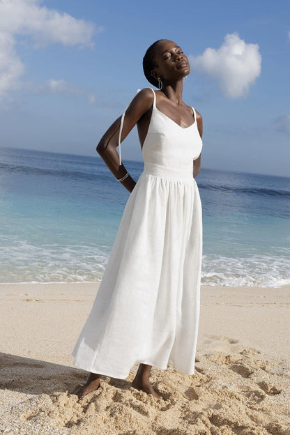Cotton V Neck Spaghetti Strap Tie Backless Midi Dress