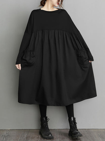 Simple Loose Black Split-joint Long Sleeves Midi Dress
