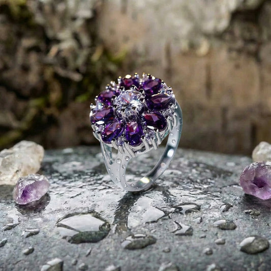 Crystal Purple Stone Sun Flower Engagement Ring