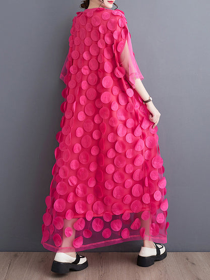 Loose Short Sleeves Asymmetric Gauze Split-joint Round-neck Midi Dresses
