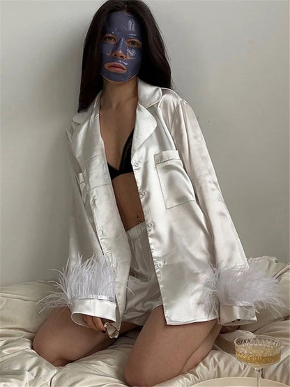 Feather Full Sleeve Pajama Sets Suits With Shorts Pocket Turn Down Collar Nightwear Single Breasted Outwears