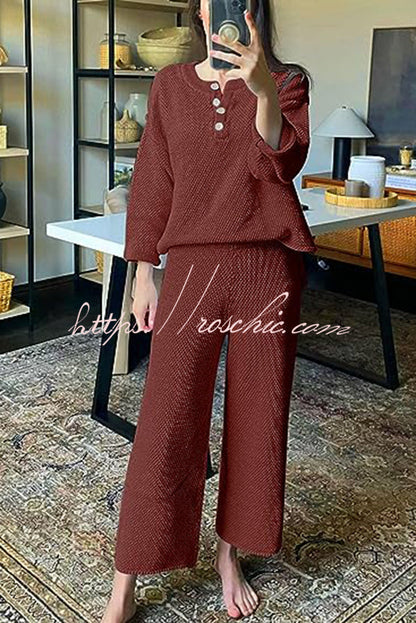 Heather Hailey Color Button V Neck Top and Pant Two Piece Set