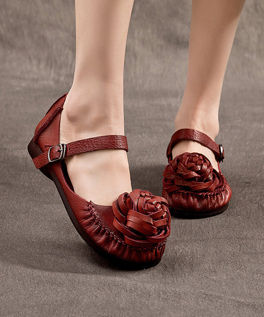 Mulberry Cowhide Leather Splicing Flower Buckle Strap Flats Shoes