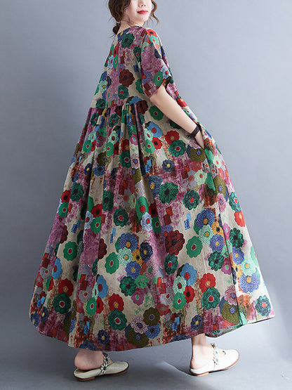 Loose Multi-colored Printed Midi Dress
