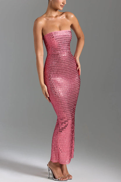 Flash Sculpture Rhinestone Embellished Bandeau Slit Stretch Maxi Dress