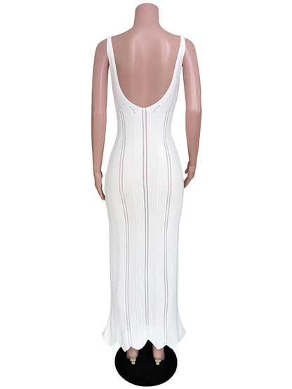 Skinny Sleeveless Backless Hollow See-through Color Split-joint Wide Straps Maxi Dresses