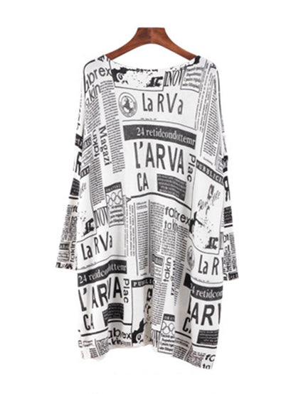 Loose One-shoulder Newspaper Printed Split-joint Sweater