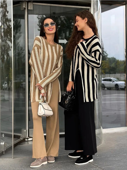 Knitted Side Slits Sweater Autumn Loose High Waist Long Pants ’s Pullover 2 Piece Suits Outfits