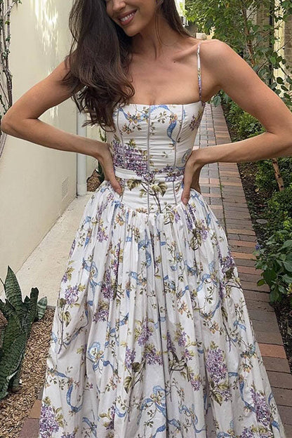 Spaghetti Strap Print Bustier A-line Maxi Dress