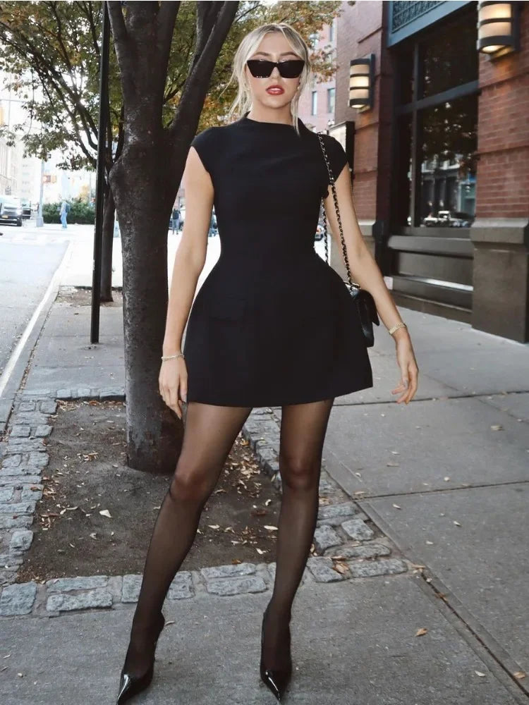 White Slim ’s Mini Dress Sleeveless Pocket High Waist Party Dress Patchwork Dress