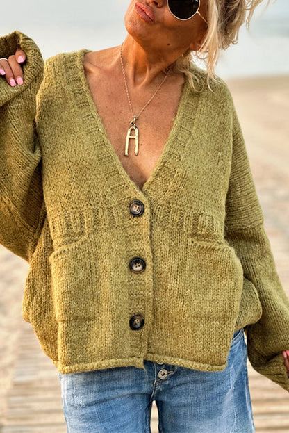 Color Loose Long Sleeve V-neck Pocket Knitted Sweater Cardigan