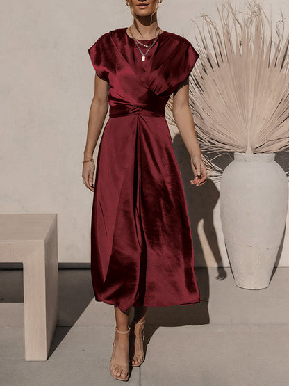 Loose Short Sleeves Color Split-joint Tied Waist Round-neck Midi Dresses