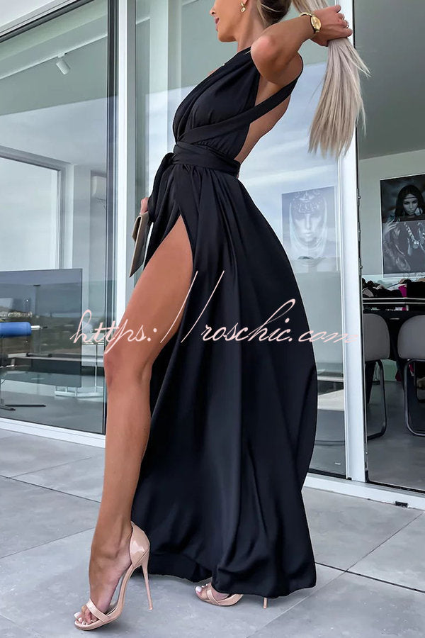Different Effects Satin Free Tie Neck Slit Maxi Dress