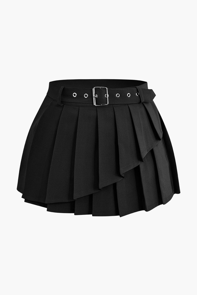 Color Y2k Buckle Layer Pleated Mini Skirt