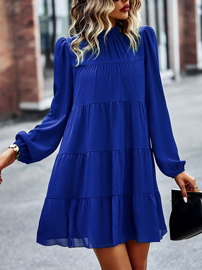 A-line Bishop Sleeve Elasticity Pleated Color Split-joint Tied Mock Neck Mini Dresses