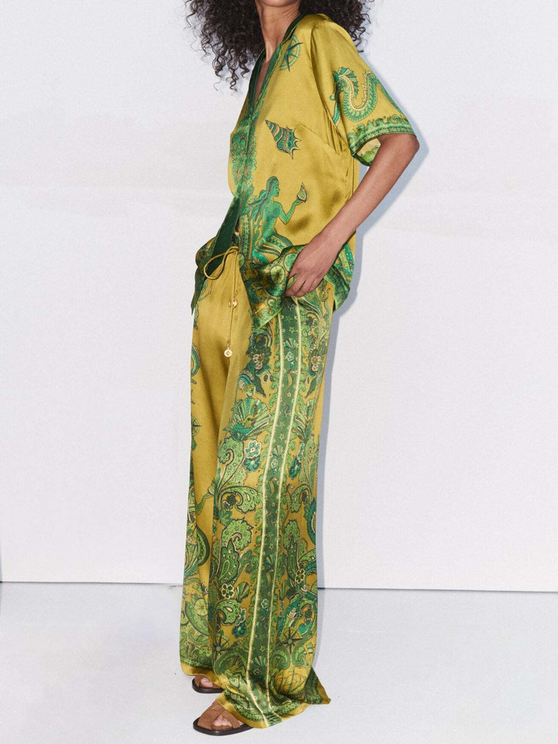 Exquisite Satin Unique Print Wide Leg Pants