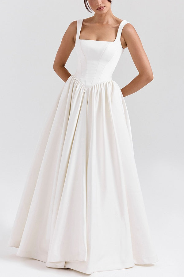 Wide Straps Corset Color Gowns Maxi Dresses-white