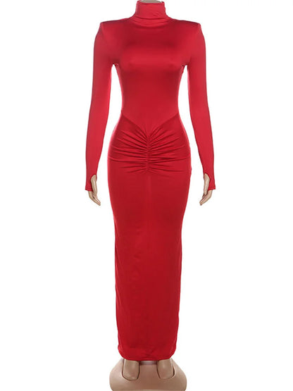 Autumn Turtleneck Skinny Long Dress ’s High Waist Long Sleeve Patchwork Party Dress Female Maxi Dress