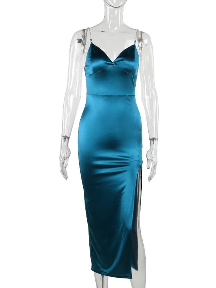 Spaghetti Strap New Bag Buttocks Long Dress Suspender Slit Dress Diamond Shoulder Strap Party Nightclub Dress