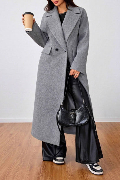 Wool Blend Lapel Long Overcoat
