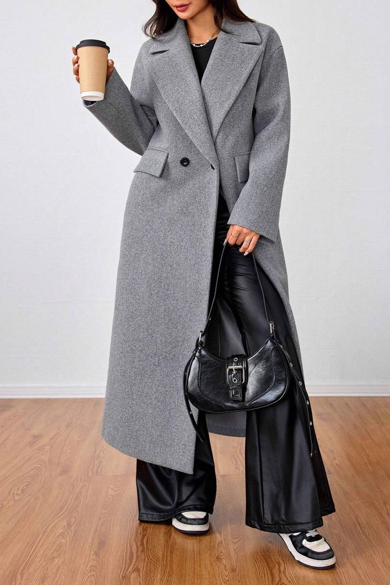 Wool Blend Lapel Long Overcoat