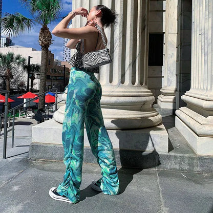Printed Straight Leg High Waist Trousers Spring New Harajuku Long Pants Female