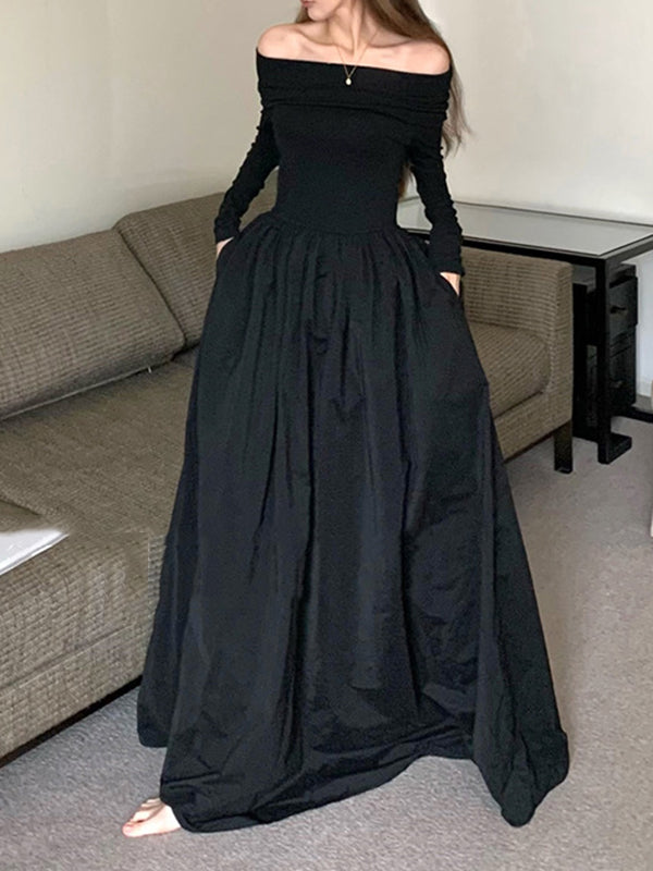 Long Sleeves Pleated Color Split-joint Off-the-shoulder Maxi Dresses