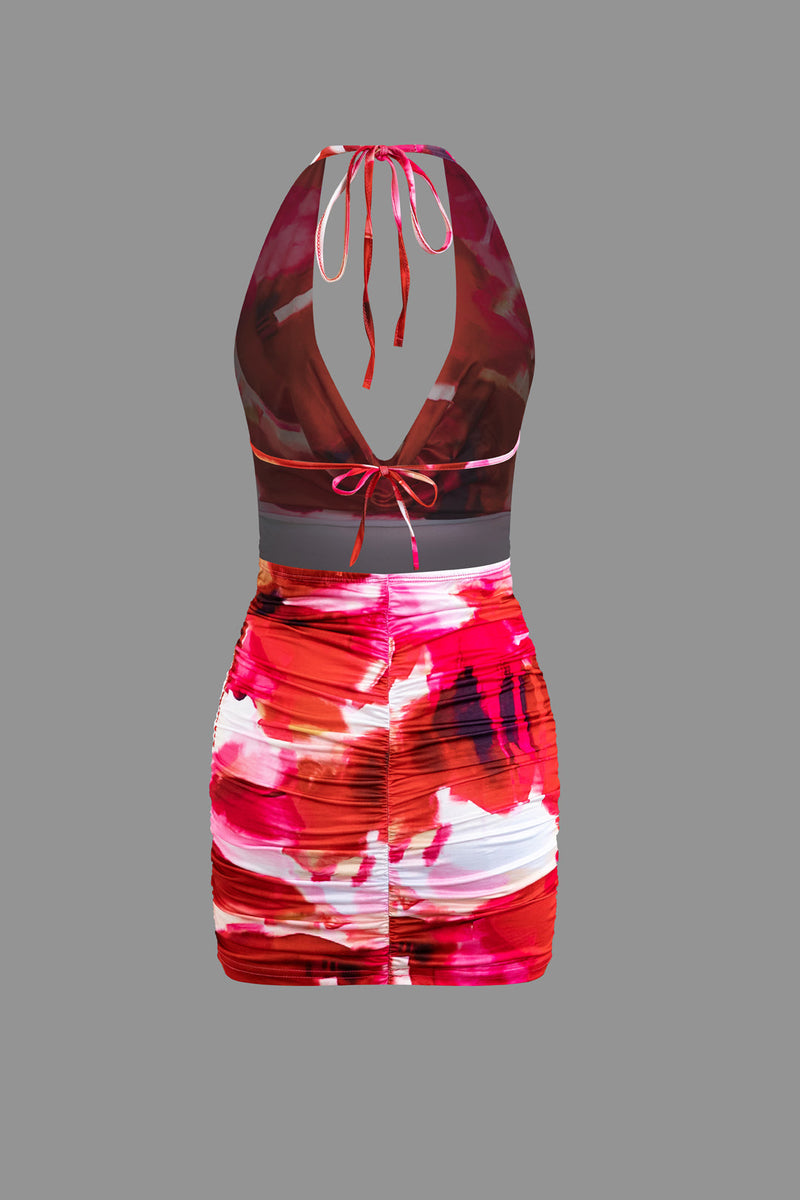 Crimson Tie Dye Halter V Neck Backless Mini Dress