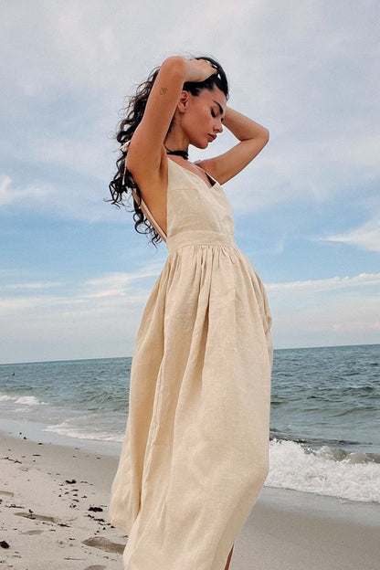 Cotton V Neck Spaghetti Strap Tie Backless Midi Dress