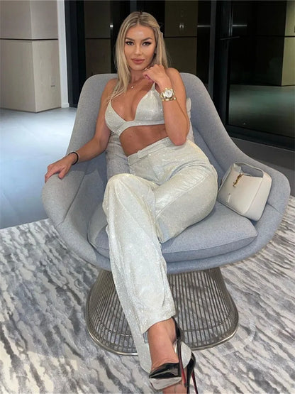 Sliver Sequins Blazers for Suit High Waist Loose Pants Female Blazer Jacket Party Pant Sets Outfits