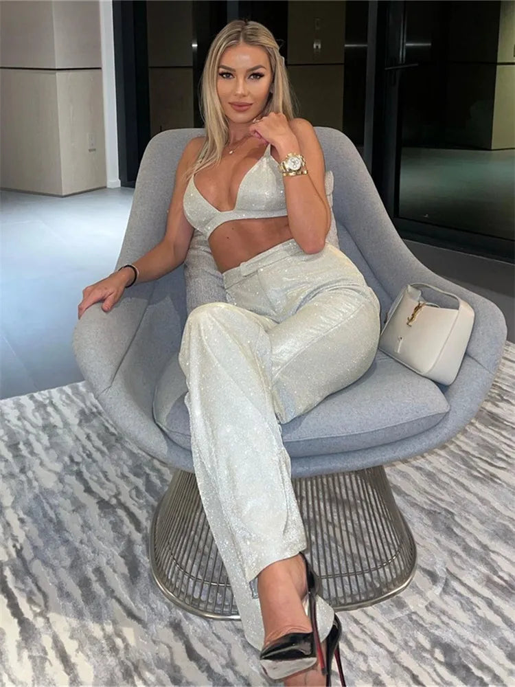 Sliver Sequins Blazers for Suit High Waist Loose Pants Female Blazer Jacket Party Pant Sets Outfits