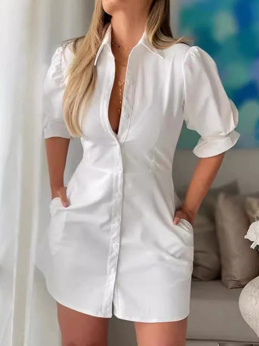 Puff Sleeves Short Sleeves Color Split-joint Lapel Mini Dresses Shirt Dress
