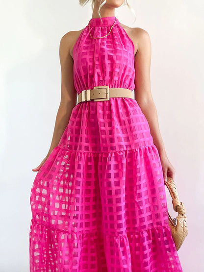 Loose Sleeveless Plaid Ribbed Stand Collar Maxi Dresses