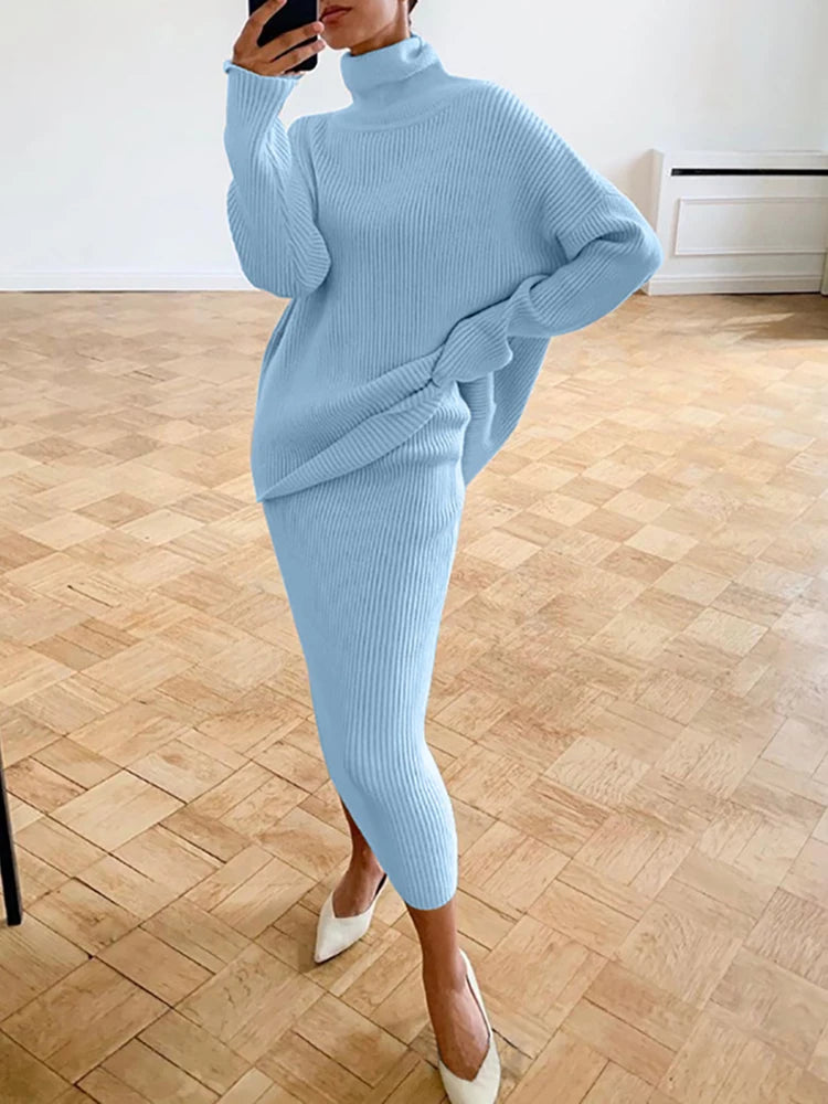 Knitted Skirt Sets Autumn Winter Turtleneck Pullover and Pencil Long Skirts 2 Piece Sets Sweater Outfits