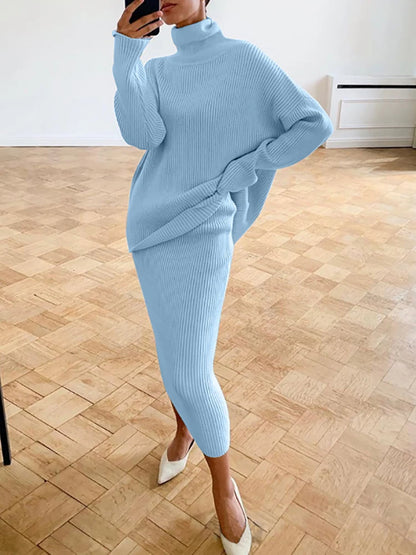 Knitted Skirt Sets Autumn Winter Turtleneck Pullover and Pencil Long Skirts 2 Piece Sets Sweater Outfits
