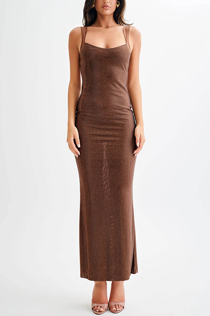Midnight Fantasy Sequin Mesh Shoulder Strap Open Back Stretch Maxi Dress