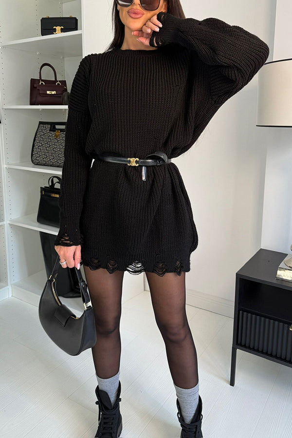 Color Loose Ripped Knitted Mid-length Sweater