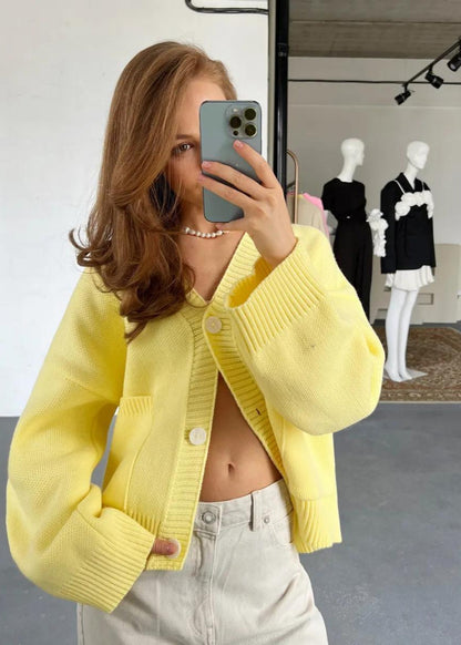 Bright Yellow Oversized Cardigan - ’s V-neck Knit Sweater