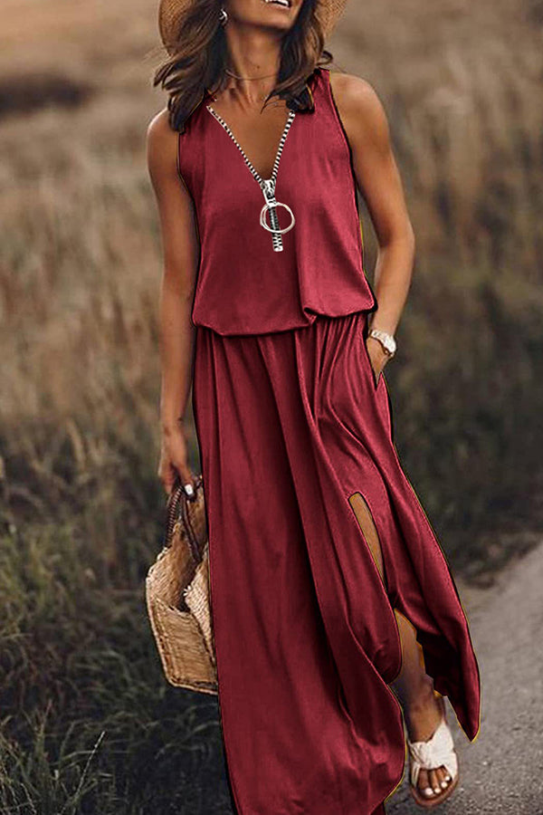 Sleeveless Long Dress Waist Zipper Letter Dress