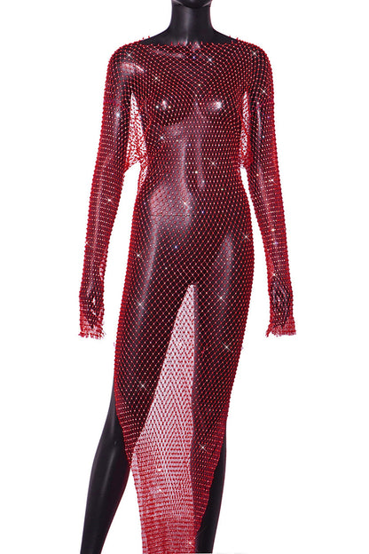 Best Layering Items Mesh Wide Neck Long Sleeve Slit Cover-up Maxi Dress